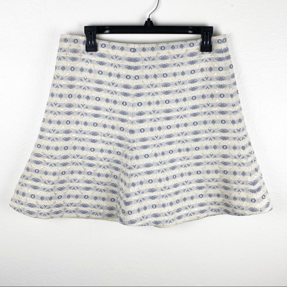 J. CREW Factory Cream Blue Metallic Jacquard Flare Patterned A-Line Skirt Size 8